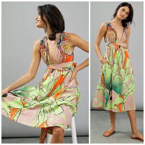 ROOPA PEMMARAJU Anthropologie Nerida Midi Dress Beaded V-Neck Tie Waist MP NWT